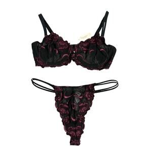 NWT Victoria’s Secret Bra Panty Set Womens 36C L Black Burgundy Floral Sheer